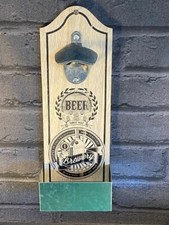 Wooden Wall mounted Bottle Opener with Cap Catcher Man Cave or Bar 