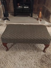 Vintage Long Footstool Queen Anne Style Wooden Legs & Green Patterned Fabric