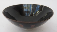 Chris Keenan, studio pottery porcelain bowl, mirror black tenmoku with red dots