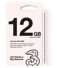 Three PAYG Preloaded 12GB 4G 5G Data SIM Mobile Broadband lasts upto 12 months