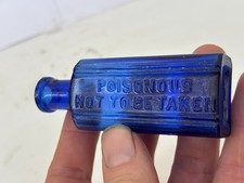60363 Old Vintage Antique Glass Poison Bottle Rectangular Blue NTB POISONOUS