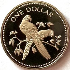 BELIZE 1 DOLLAR 1975 PROOF 	Copper-nickel, { Scarlet macaw.}