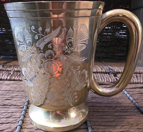 Vintage etched brass tankard - vintage,