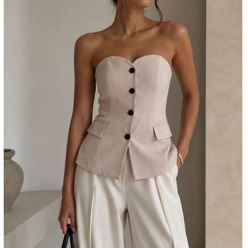 Strapless button top - strapless, beige