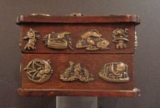 Antique Japanese Menuki Adorned Oak Playing Card Box