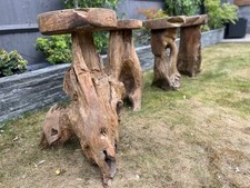 Four beautiful tall wooden garden bar stools made from tree roots, 74cm high