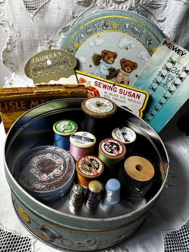 Vintage sewing tin including - sewing,