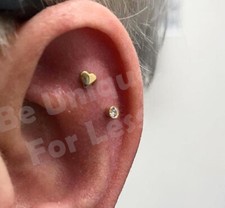 TRAGUS Helix Bar Cartilage 2 x Solid Heart Bezel Set  Screw In Earring Flat Back