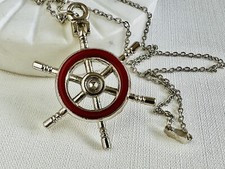 Vintage 1990s Nautical Chain Necklace Ship Wheel Rudder Boat Helm Sailing Red