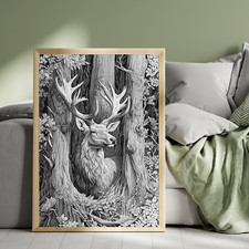 Stag Black and White print, Woodland poster, Nature print. Art Print, giclee pos