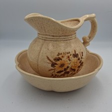 Vintage McCoy Pitcher Jug and Bowl 7528 Brown Country House Beige Flowers USA