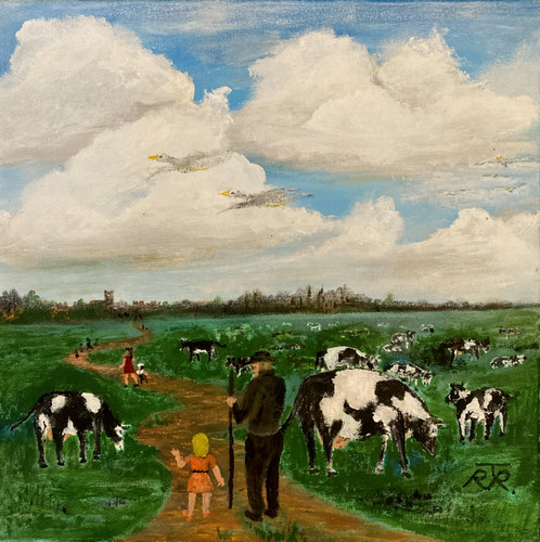 Naive country scene with - , cows