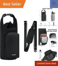 Black Insulated Bottle Holder with Zipper Pocket and Drawstring Closure - Unisex