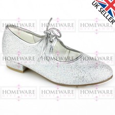 GIRLS LOW HEEL GLITTER TAP SHOES SILVER PINK RED GOLD HOLOGRAM FITTED TOE TAPS