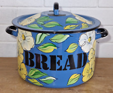 LARGE VINTAGE ROUND SILESIA BLUE ENAMEL BREAD BIN - FLOWERS