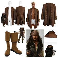Pirates of the Caribbean Jack Sparrow Cosplay Brown Jacket Coat Wig+Beard/Boots