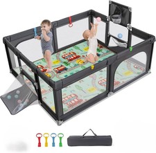 GYMAX Baby Playpen, Large Toddler Fence Play Yard Basketball Hoop and Soccer Net