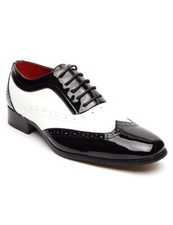 Mens Retro 1920s Faux Patent Leather Shoes Black White Gatsby Lace up Brogues