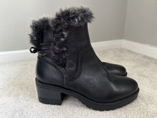 'STRESSLESS' BY LOTUS BLACK LEATHER/FAUX FUR CHUNKY ZIP  ANKLE BOOTS SIZE 4