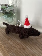 Cute Knitted Dachshund Sausage Dog Christmas Bauble Tree Decoration Santa Hat