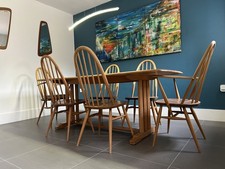 Rare Mid-century Ercol 594 Dining Table Plus 6 Chairs and Seat Covers.