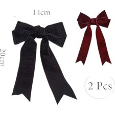 2 Pcs Velvet Burgundy Red Hair Bows - Large Hair Clips With Long Ribbon
