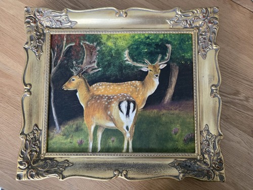 Vtg original oil painting deer - original,