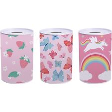 Kids New Designs Money Coin Box Tin Savings Cash Piggy Bank Charity FREE P&P