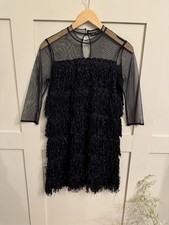 Zara black fringe & mesh mini dress – sparkly Christmas party size S