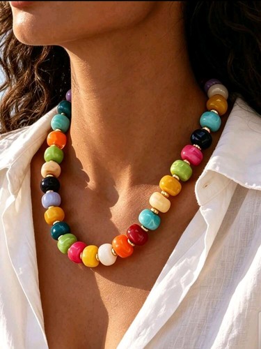 Chunky rainbow beaded necklace - rainbow,