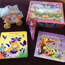 FAIRYLAND JIGSAW PUZZLE- AGES 4 YRS+, 2 STORY BOOKS, COACH & A NEW 4” FAIRY DOLL