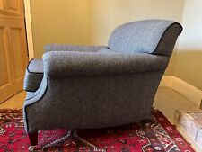 Pair of George Smith reupholstered laid-back scroll arm signature armchairs