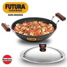 Hawkins Futura Hard Anodised Black Deep-Fry Pan 2.5L Flat Bottom + Steel Lid 