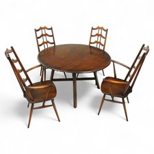 MCM Rare Set Of Ercol Batwing Model 496 Dining Chairs & Circular Drop Leaf Table