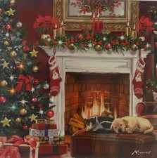 Golden Retriever Puppy Black White Cat Open Fire Xmas Tree 5 large square cards