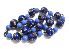 Vintage wired glass beads necklace, round blue millefiori 'eye'  & lighter blue