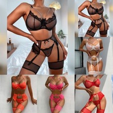 Womens Sexy Lace Lingerie Set with Bra Thong Suspender Stocking Underwear