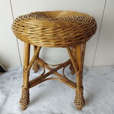 Wicker Cane Stool Round Small 14" Tall Plant Stand Vintage Handmade Wooden 