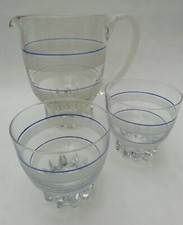 Vintage Art Deco Sugar Frosted Blue Stripe Water Lemonade Jug & Glasses Set