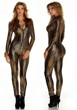 New Golden Leather Look Crotchless Catsuit Size UK 16