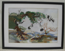Chinese cranes in landscape embroidery detailed nice condition framed