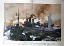 Original Old Vintage Print 1918 War Ships Pass Lights German Navy Guns Firing
