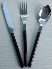 Black Plastic Handle S/Steel Cutlery. 1 Knife, Fork & Spoon ICM/Cose Casa Italy