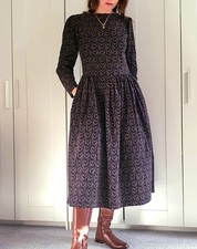 Vintage Laura Ashley Dress Cotton Needlecord In Charcoal Pur0le And Olive 1980s