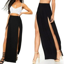 Women Double Side Slit Split Skirt Ladies Stretchy Summer Gypsy Maxi Long Skirts