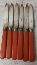 Vintage EPNS Fruit Butter Knives x6 Orange Handles Pointed 15cm Patina No Box Gd