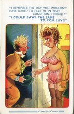 Drunk man wife underwear comic cartoon postcard posted 1963 Leeds