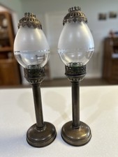 Vintage Antique Brass Color Sconce Hurricane Lamps Pair Spring Loaded Candles