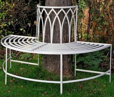 Half-Round Tree Seat - Wrought Iron, Vintage White Antique Finish, Easy Assembly