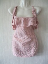 NEXT SIZE 10 TOP GINGHAM PINK WHITE STRIPE RUFFLE BOHO FOLK BLOUSE STRAPPY